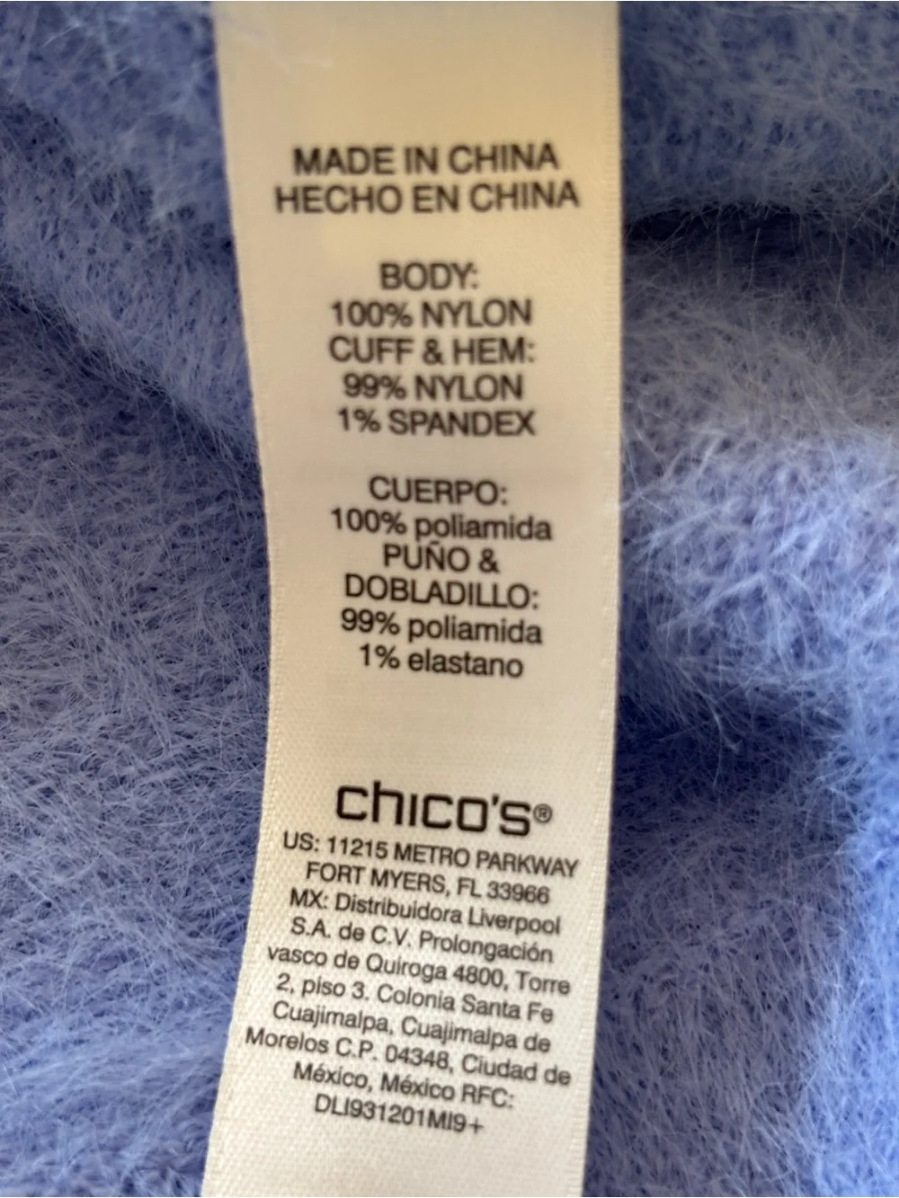 NWT Chico's Fuzzy Feminine Light Blue Crew Neck Sweater Cozy Size Large SKU 26